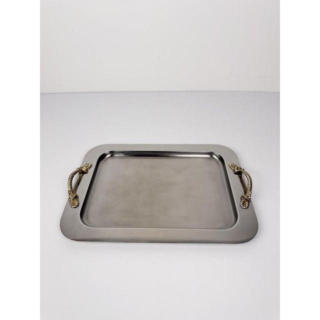 Silver Mid-Century Modern Italian Stainless Steel Tray with Gilt Nautical Knot Handles, 1970s For Sale - Image 8 of 18