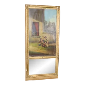 Fine Gilded Painted Trumeau Mirror With Two Boys a Dog and Their Sandwich