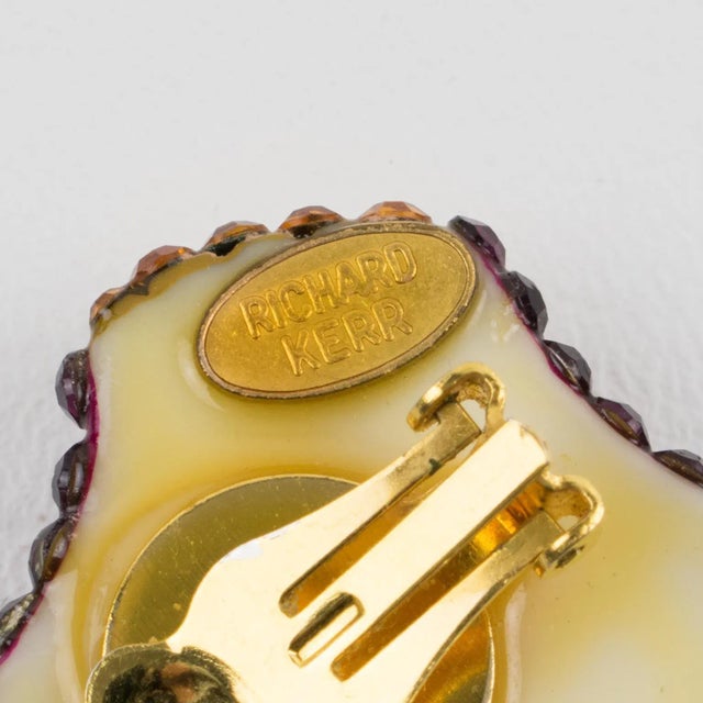 1980s Richard Kerr Purple and Topaz Jeweled Paved Pair of Clip Earrings For Sale - Image 5 of 6