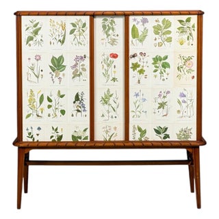 Swedish Modern, Nordens Flora Cabinet, Mahogany, Lithographs, Sweden, 1940s For Sale
