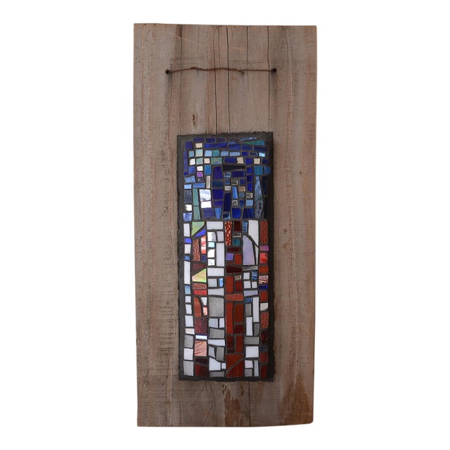 Mid Century Abstract Mosaic Glass Art on Wooden Board Wallhanging For Sale