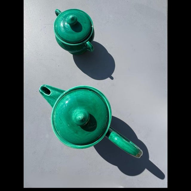 Green Glazed Ceramic Teapot and Sugar Bowl from Vallauris, France, 1950s-1960s, Set of 2 For Sale - Image 6 of 8