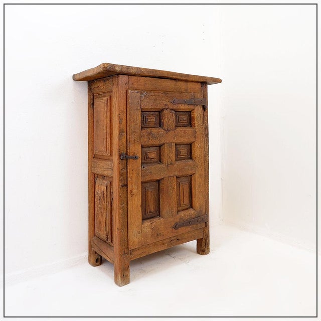 Early 19th Century Rustic Wooden Cabinet with Carved Panel Door and Iron Hardware, Spain For Sale - Image 11 of 17
