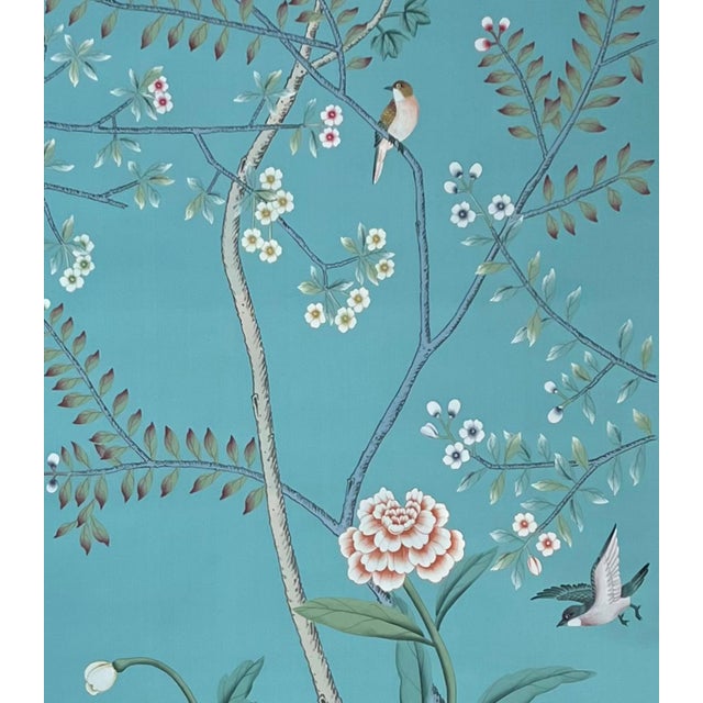 Chinoiserie Style Hand-Painted Wallpaper, Turquoise Floral & Bird Mural, Wall Panels for Living Spaces For Sale - Image 6 of 9