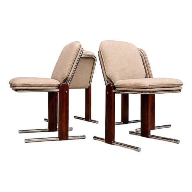 Percival Lafer “Contempo” Dining Chairs, Set of 4 — Hardwood, Chrome & Chenille, Brazil, 1970s - Lot 476B For Sale