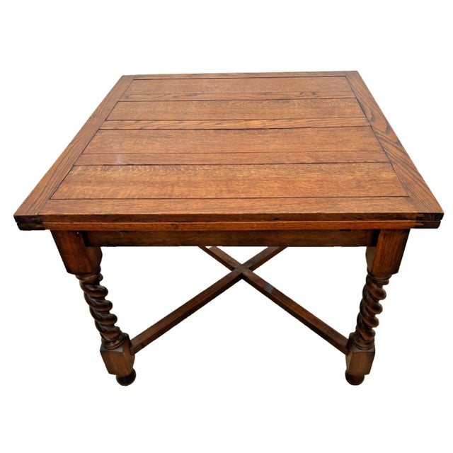 Wood Antique Expanding Pub Kitchen Table Barley Twist Legs Quarter Sawed Tiger Oak For Sale - Image 7 of 14