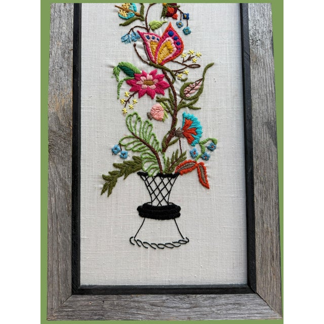 Mid-Century Modern Vintage Textile Framed Wall Art Jacobean Panel Duo Crewel Embroidery Butterfly Bluebird For Sale - Image 3 of 12