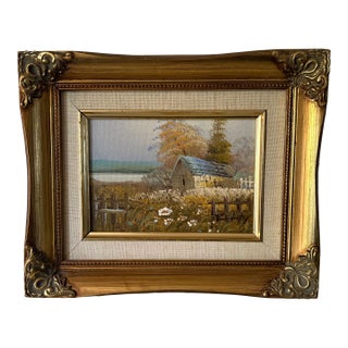 Vintage Landscape Painting Barn in Field of Flowers in Gilded Frame, Signed For Sale