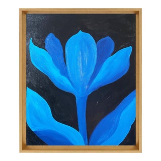 Blue Nocturne Bloom – Original Framed Acrylic Botanical Painting, Blue Floral Wall Art, 17.5” X 21.5” by Tatiana Duperault For Sale