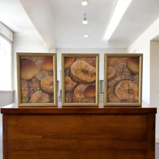 1980s Signed Original Art Mushroom Toadstools Giltwood Framed Triptych For Sale - Image 5 of 11