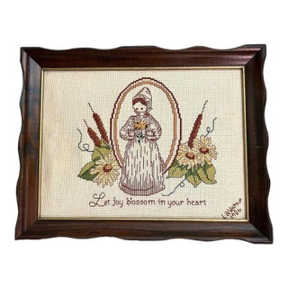 80s Vintage Thanksgiving Harvest Fall Handmade Embroidered Folk Art Piece in Wood Frame For Sale
