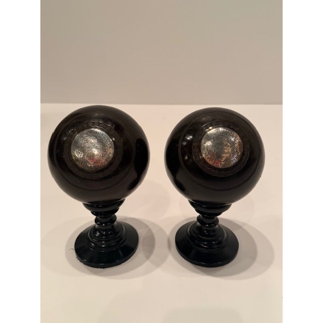 Victorian Carpet Balls on Stands With Sterling Silver Plaques -a Pair For Sale - Image 9 of 13