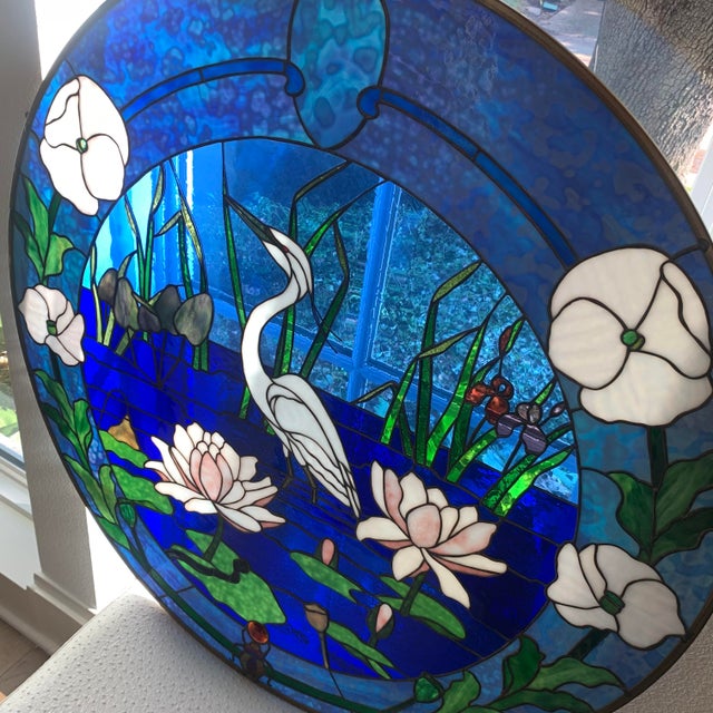 Mid-Century Modern Large Vintage Stained Glass Art, Crane and Lotus For Sale - Image 3 of 12