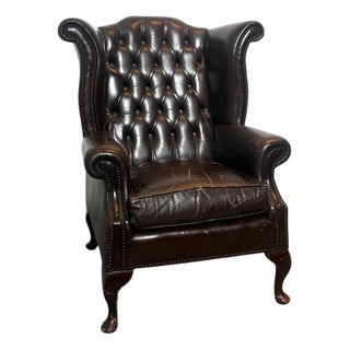 Vintage Brown Leather Wingback Armchair For Sale