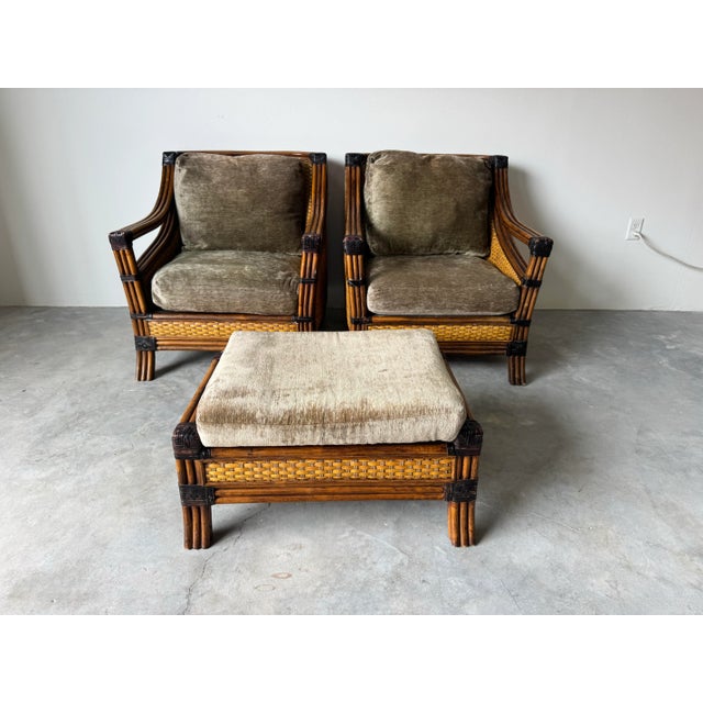 Wood SOLDModern Mandalay Coastal Organic Rattan and Leather Lounge Chairs With Ottoman – Set of 3 For Sale - Image 7 of 12