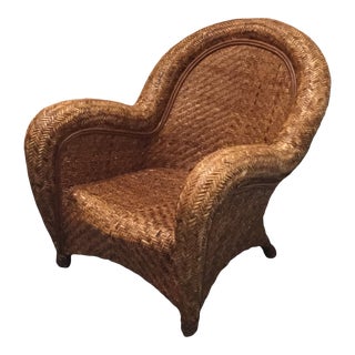 Vintage Patinated Pottery Barn Malabar Wicker Deco Style Club Chair For Sale