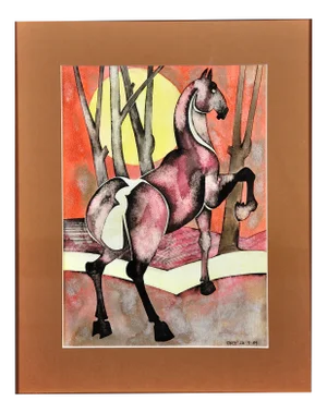 Geoffrey Key, Horse with Rising Sun, 1989, Watercolour, Framed