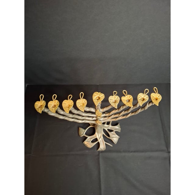 1980s VTG Fred Spinowitz Tree of Life Menorah Signed Judaica Silver Tone Brass Leaves For Sale - Image 5 of 18
