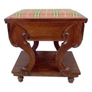 Vintage Classical Revival Upholstered Footstool With Scroll Base For Sale