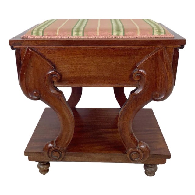 Vintage Classical Revival Upholstered Footstool With Scroll Base For Sale