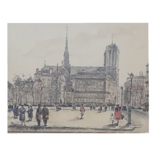 Henri Noizeux, Place de l'hôtel de ville, Paris, Watercolor on Paper, Framed For Sale