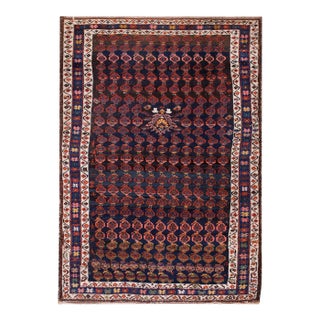 1890s Blue Navy Geometric Antique Kurdish Tribal Rug 5'4" X 7'3" Wool Handknotted Carpet For Sale
