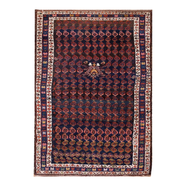 1890s Blue Navy Geometric Antique Kurdish Tribal Rug 5'4" X 7'3" Wool Handknotted Carpet For Sale