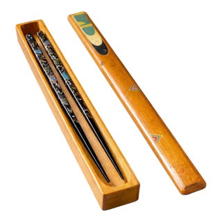 Vintage Japanese Teak Chopsticks Box With Mop Inlay Lacquer Chopsticks For Sale