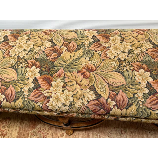French Country French Country Walnut Bench With Woven Floral Upholstery For Sale - Image 3 of 12