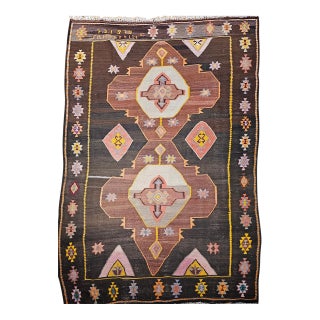 Vintage Turkish Kilim Rug, Handwoven Wool, Chocolate Brown, Pale Green, 7' x 11' For Sale