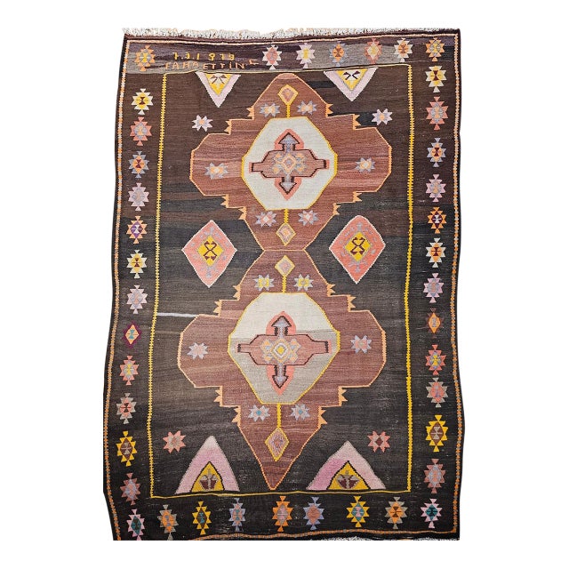 Vintage Turkish Kilim Rug, Handwoven Wool, Chocolate Brown, Pale Green, 7' x 11' For Sale