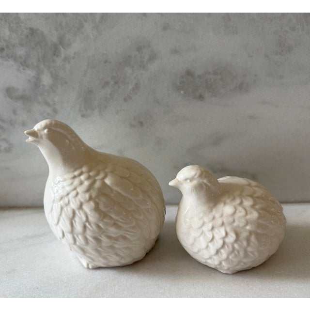Pair of vintage white porcelain quail figurines, unmarked, but likely made in Japan mid century. Lovely additions to a...