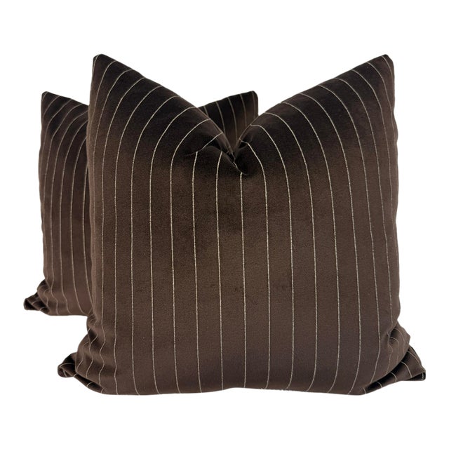 Pinstripe Velvet in Dark Brown/Beige 22" Pillows-a Pair For Sale