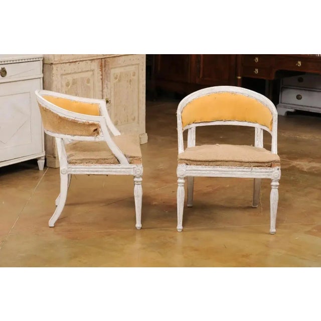 Swedish Gustavian Style Painted Tub Chairs with Carved Campanula Friezes - A Pair For Sale - Image 9 of 13