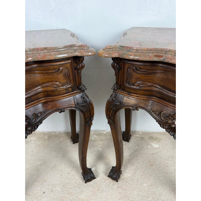 Pair of French Louis XV Style Nightstands with Marble Tops For Sale - Image 10 of 15