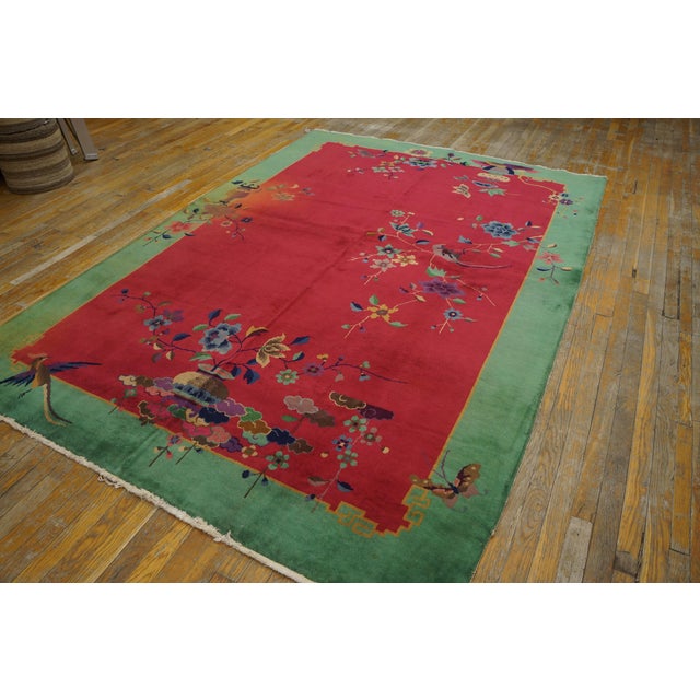 1920s Red Floral Antique Chinese Art Deco Rug by Nichols Workshop 6' X 8'9" Handknotted Wool Carpet For Sale - Image 4 of 6