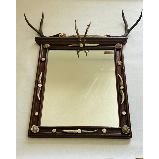 Rustic Gorgeous Black Forest Antique Mirror With Antlers and Birrows For Sale - Image 3 of 7
