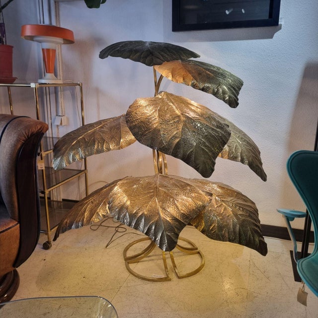 Gold Brass Rhubarb Leaf Lamp by Tommaso Barbi, 1970s For Sale - Image 8 of 13