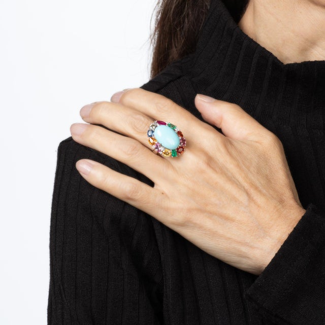 Turquoise Rainbow Sapphire Ring Diamond 18k Gold Sz 7 Estate Cocktail Jewelry For Sale In Los Angeles - Image 6 of 7