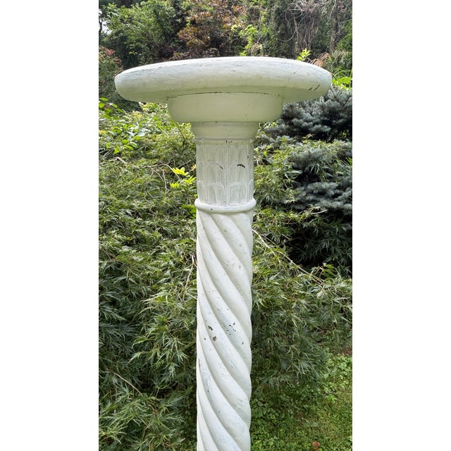 Charming, well loved, tall, chippy, distressed, off white painted, wooden pedestal plant stand with claw feet. Has wear...