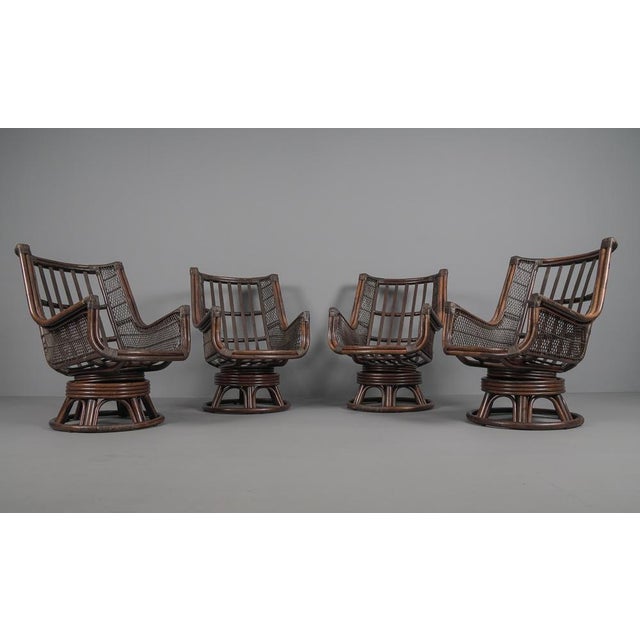 Rattan Rotating and Tiltable Armchairs, Stool & Coffee Table, Italy, 1960s, Set of 6 For Sale - Image 17 of 18
