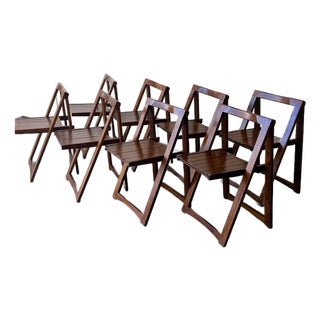 Set of 8 Mid Century Modern Folding Wood Chairs – Made in Romania, 1970s For Sale