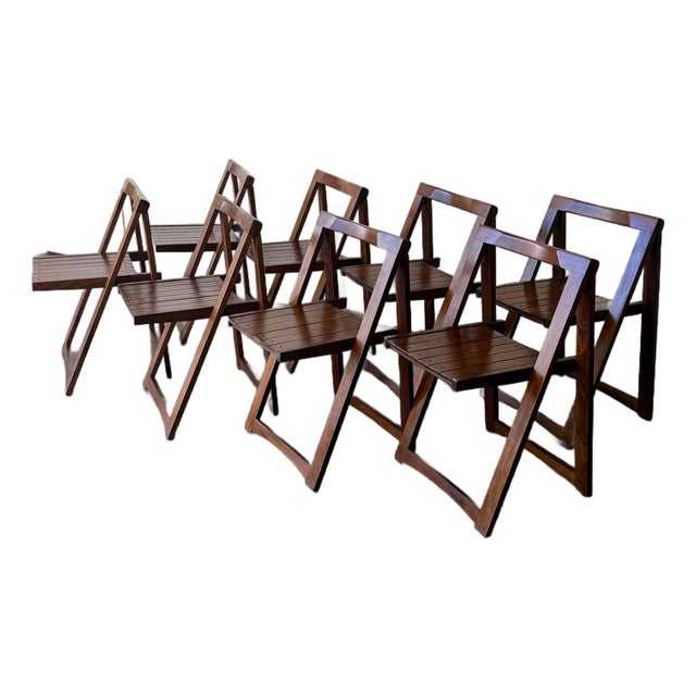 Set of 8 Mid Century Modern Folding Wood Chairs – Made in Romania, 1970s For Sale
