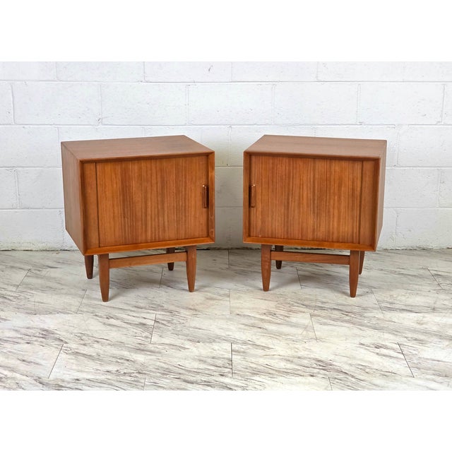 Falster Møbelfabrik 1950s Pair of Teak Tambour Door Nightstands by Sven Madsen for Falster For Sale - Image 4 of 10
