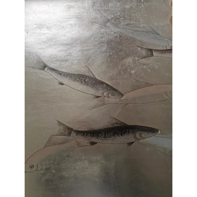 Japanese Hand Painted Silver Leaf Fish Wallpaper Panels - Set of 5 For Sale - Image 3 of 4