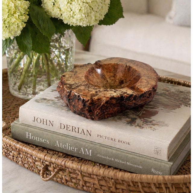 Vintage Italian alabaster ashtray or catchall bowl with natural stone veining and organic freeform edge, ideal for mid...
