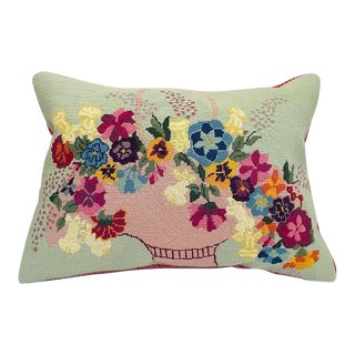 Vintage Handmade Needlepoint Lumbar Pillow For Sale