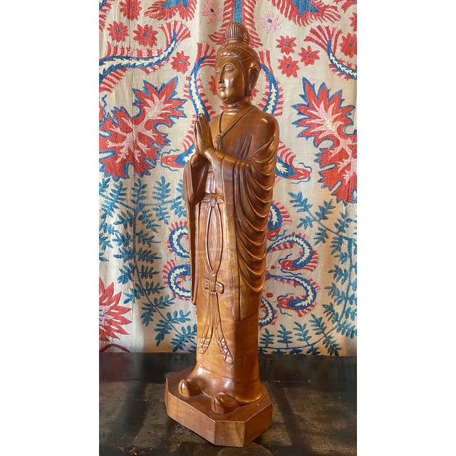 Asian Antique 1950s Handcarved Satinwood Buddha For Sale - Image 3 of 10