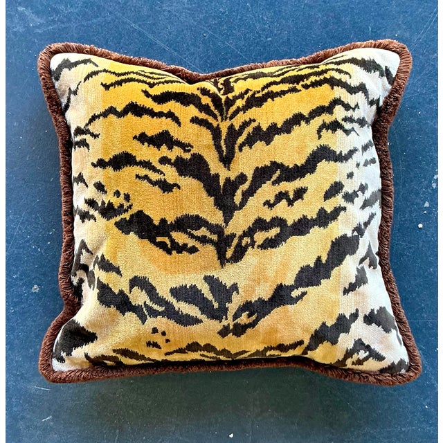 Vintage Regency Scalamandre “Le Tigre” Velvet Throw Pillow With Caterpillar Fringe For Sale - Image 10 of 12
