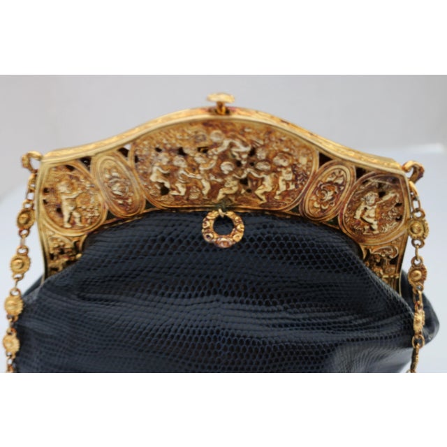 Black Circa 1925 22k Gold Plate Cherub Frame W/Newly Lizard Skin Handbag For Sale - Image 8 of 8